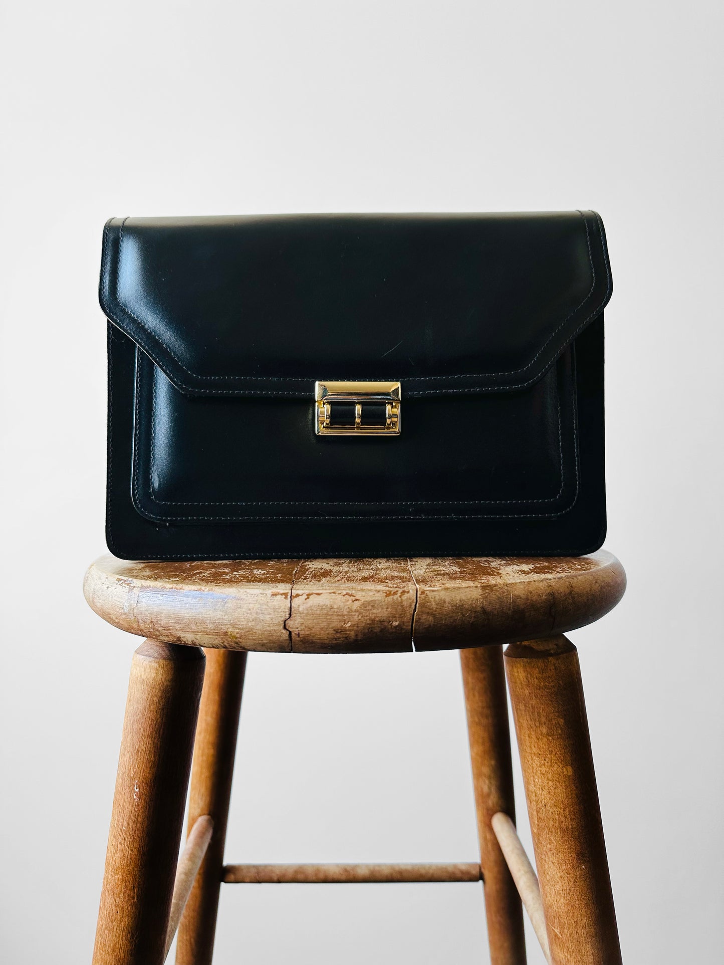 1970s Black Leather Boxy Structured Shoulder Bag