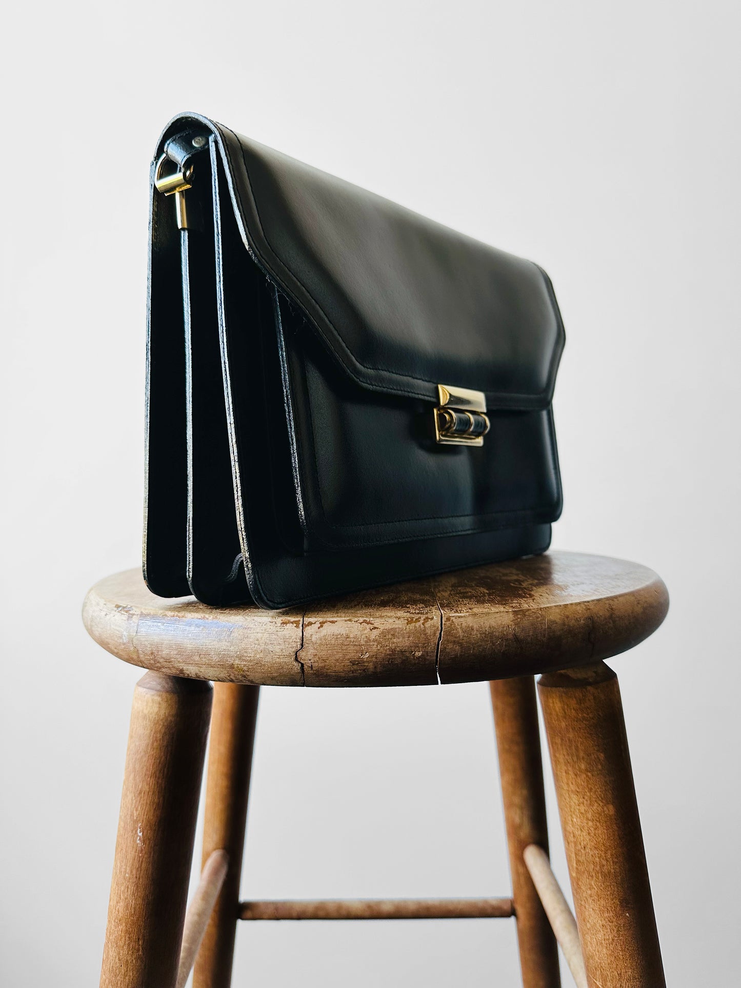 1970s Black Leather Boxy Structured Shoulder Bag