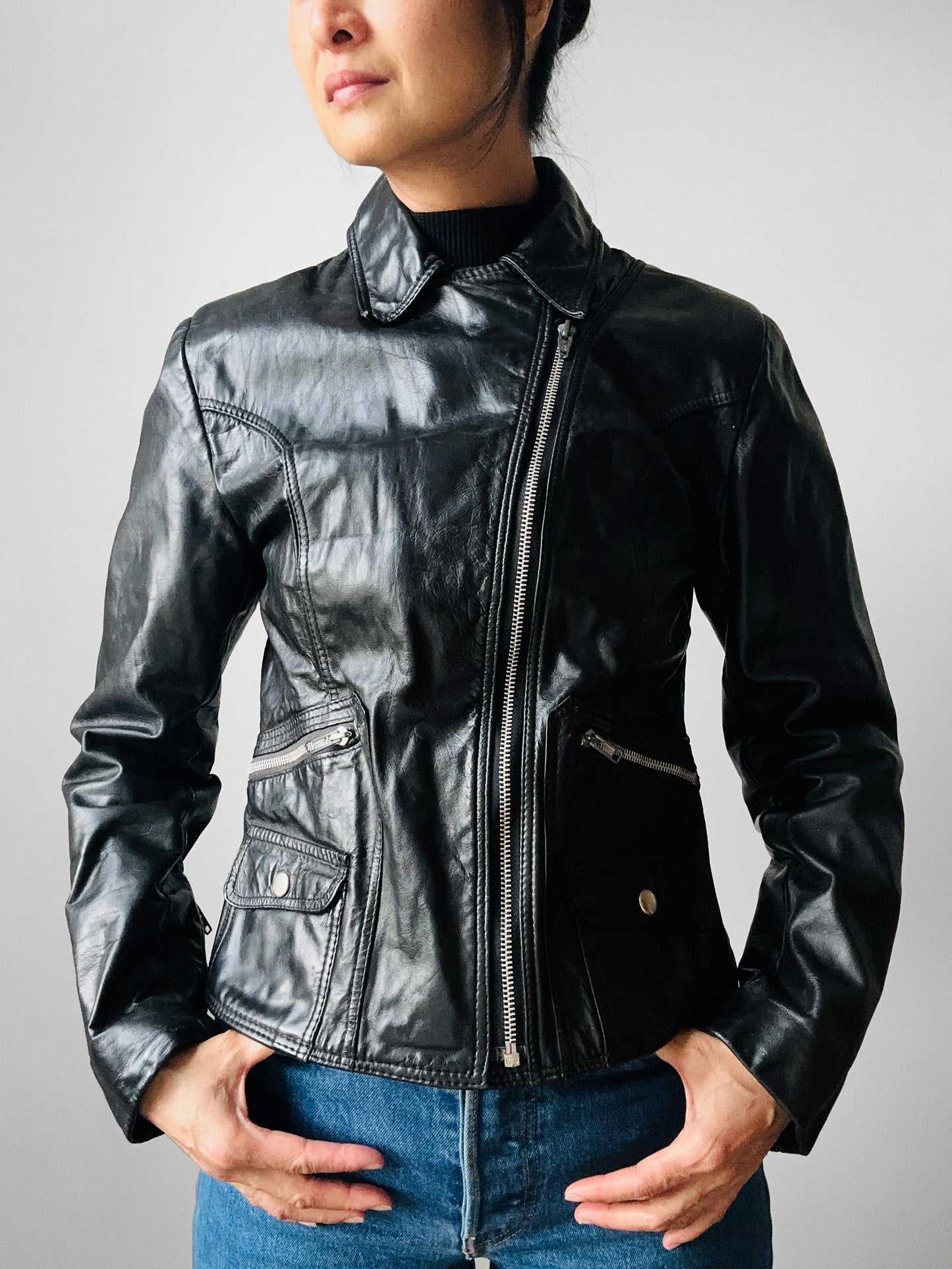 1970s - 1980s Black Asymmetrical Zippered Leather Biker Jacket - Sz. S