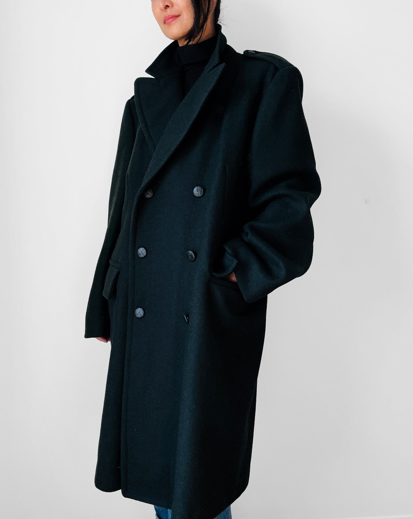 Hunter Green Double-Breasted Heavy Wool Military Trench Overcoat - Sz. M/L