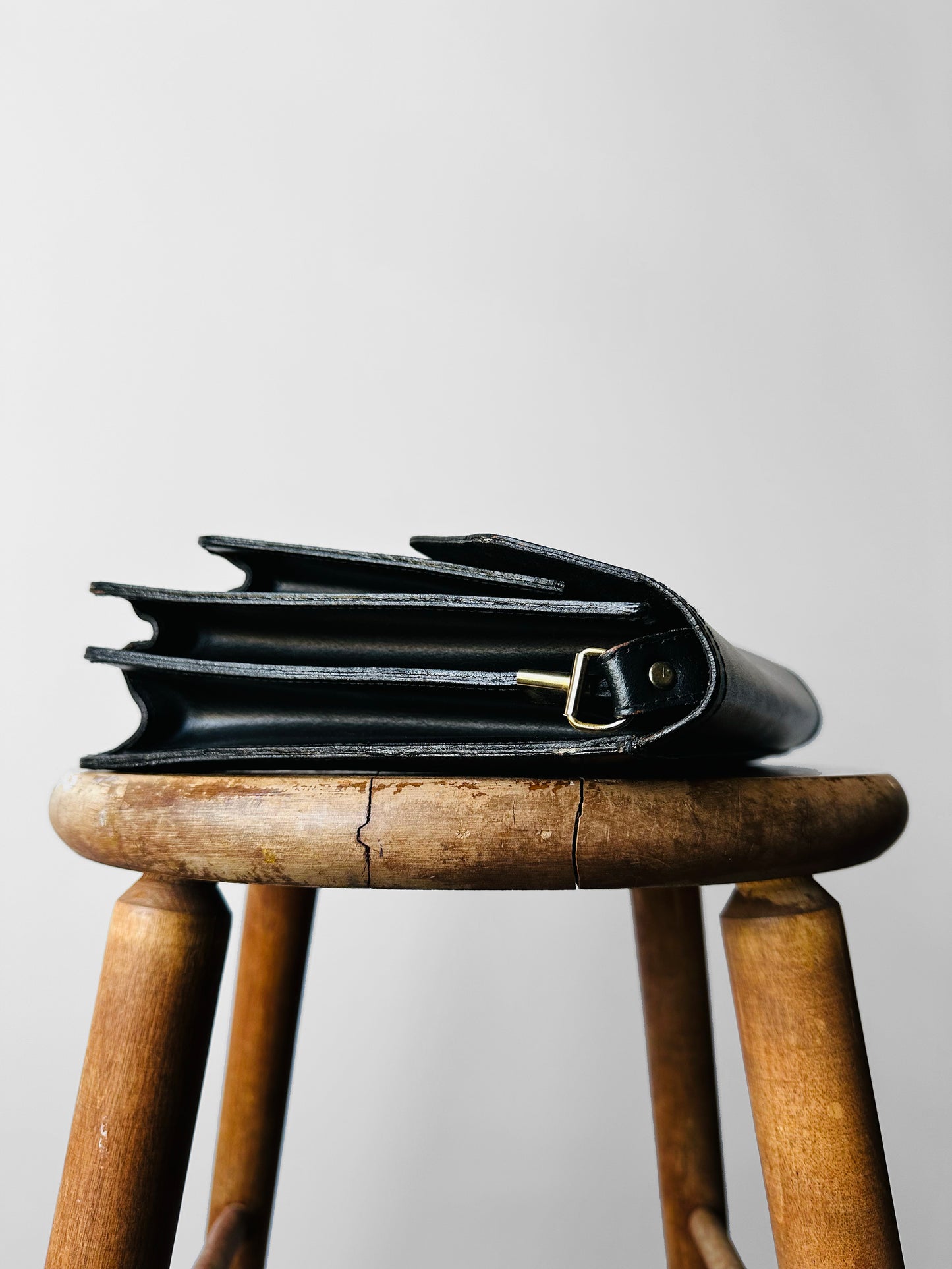 1970s Black Leather Boxy Structured Shoulder Bag