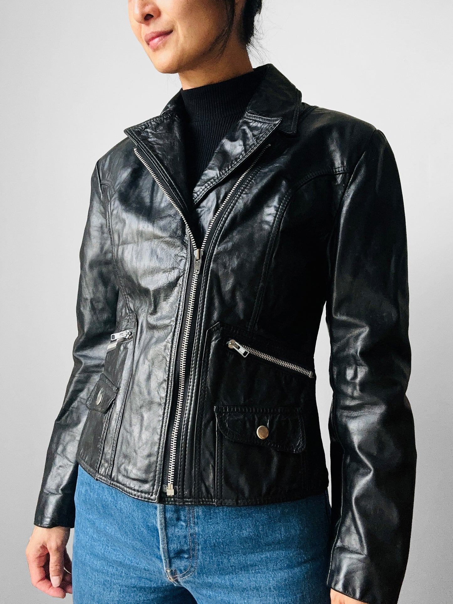 1970s - 1980s Black Asymmetrical Zippered Leather Biker Jacket - Sz. S