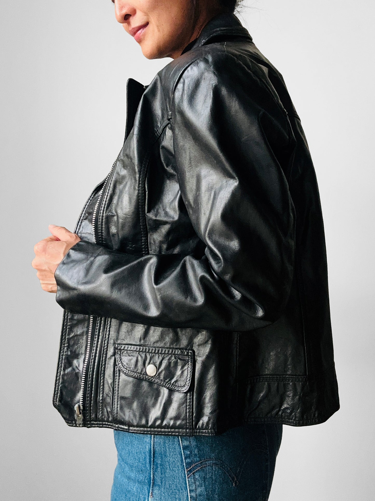 1970s - 1980s Black Asymmetrical Zippered Leather Biker Jacket - Sz. S