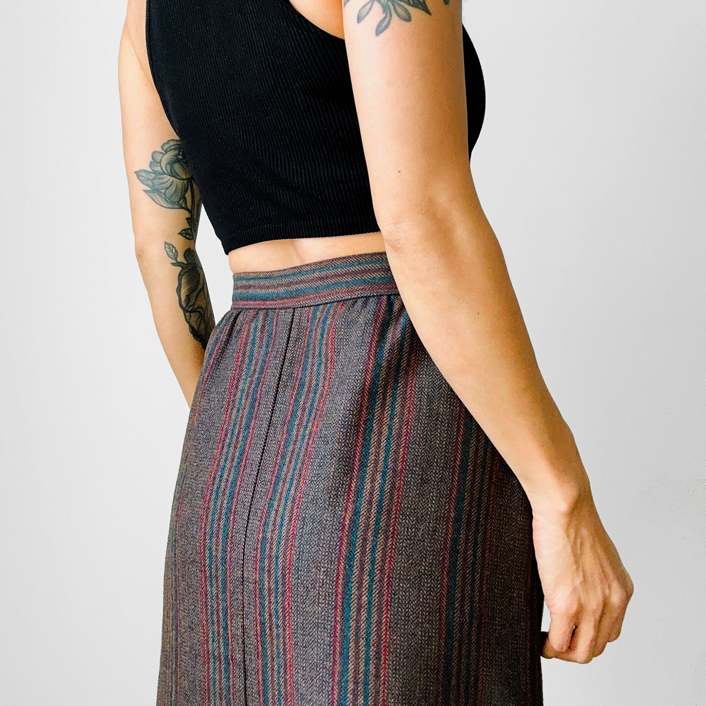 1970s Taupe Blue Red Stripe Aline Wool Skirt - Sz. S