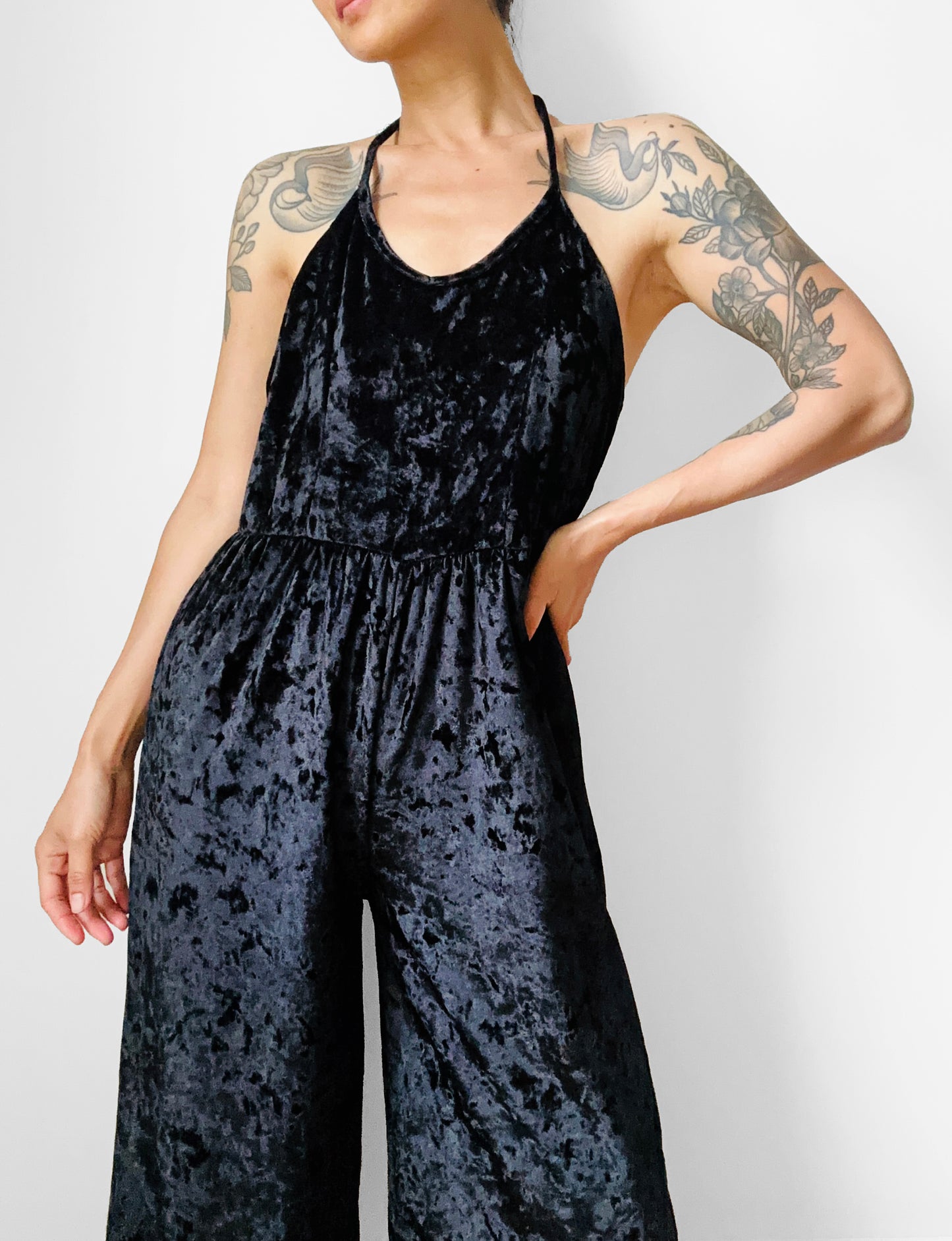 1990s Black Velour Made in the USA Culotte Jumpsuit