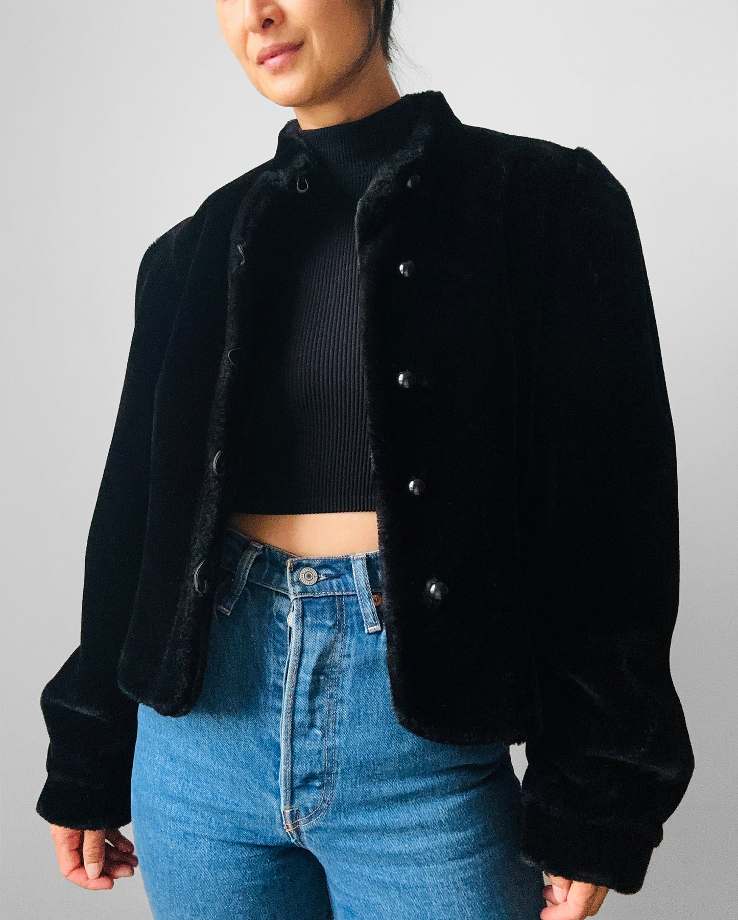 1980s Black Faux Fur Short Waisted Tapered Waist Jacket - Sz. M