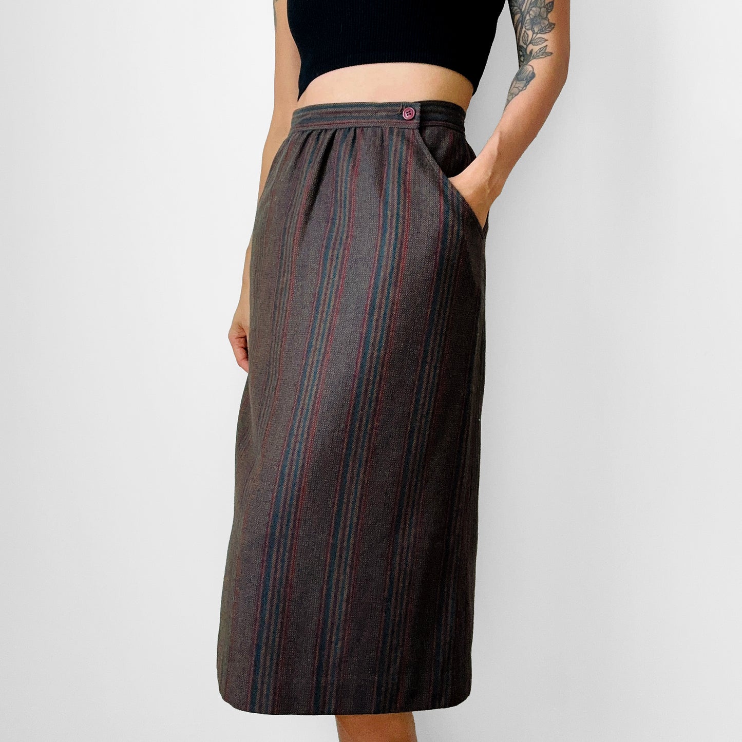 1970s Taupe Blue Red Stripe Aline Wool Skirt - Sz. S