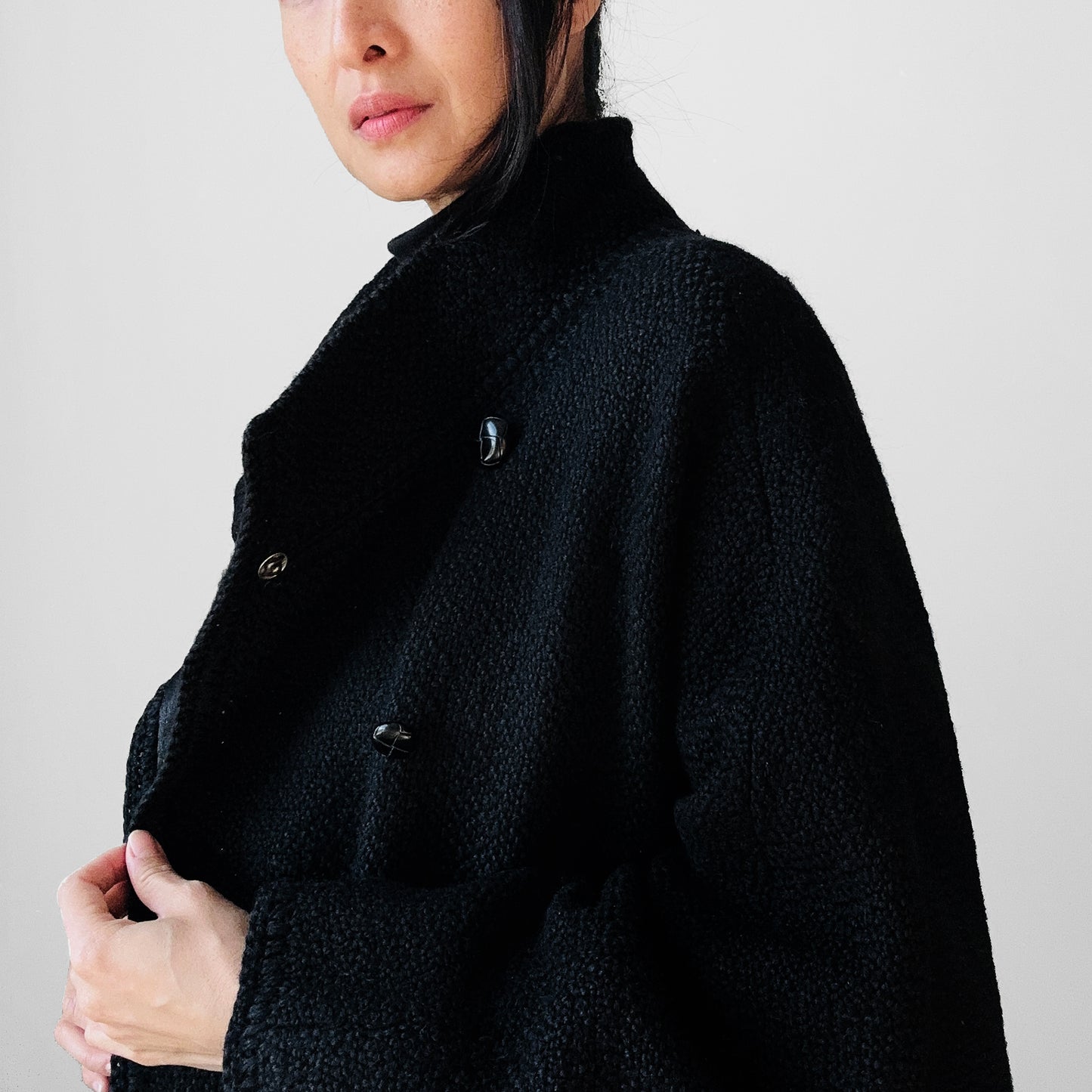 1980s Black Wool Full Length Wrap Shawl Coat