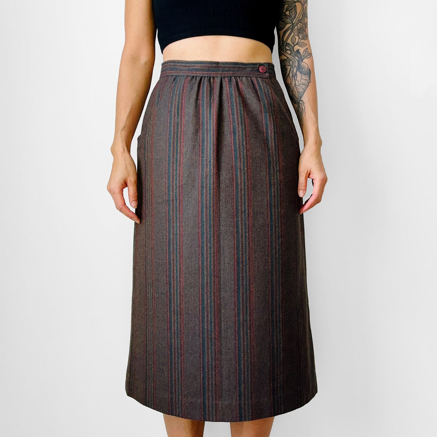 1970s Taupe Blue Red Stripe Aline Wool Skirt - Sz. S