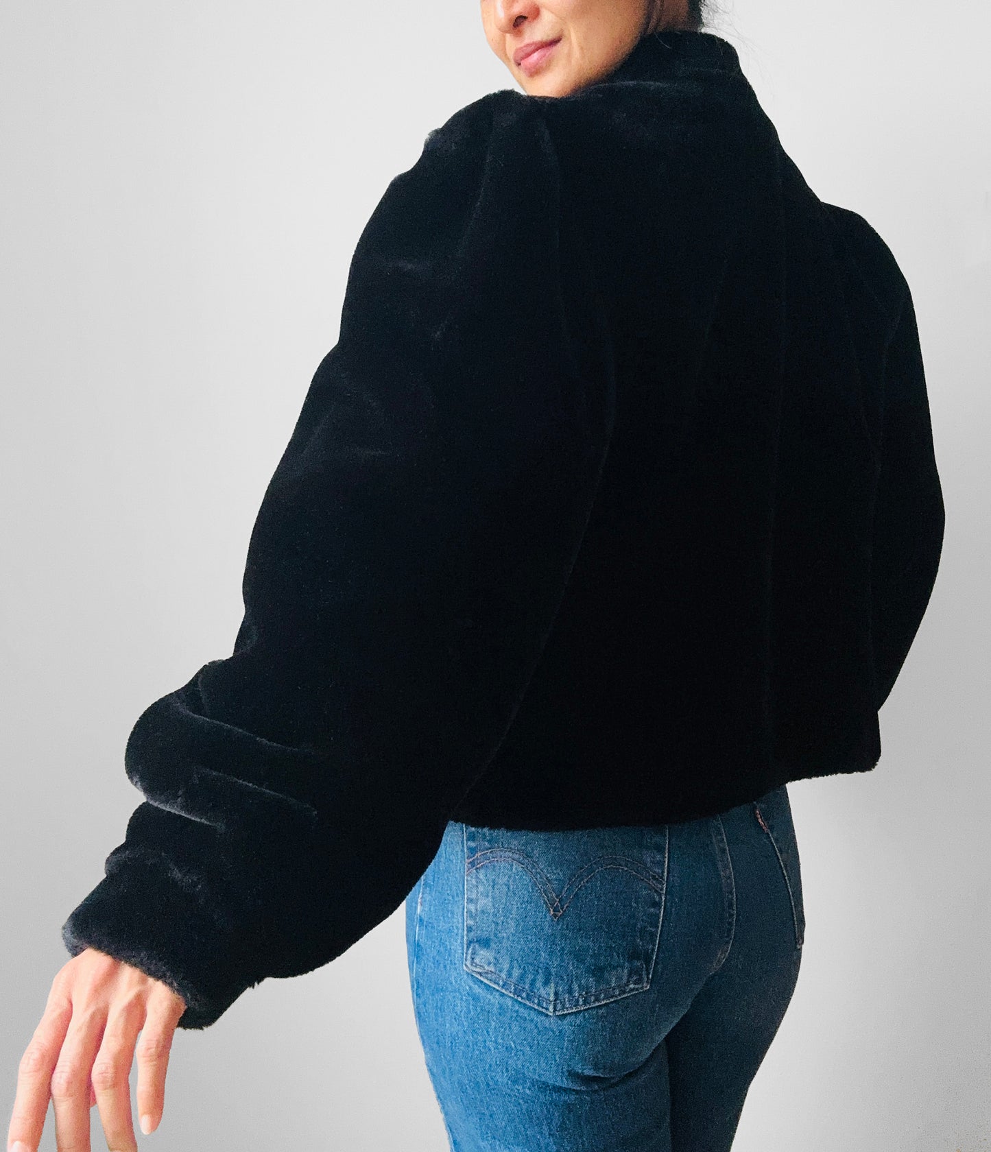 1980s Black Faux Fur Short Waisted Tapered Waist Jacket - Sz. M