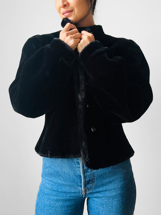 1980s Black Faux Fur Short Waisted Tapered Waist Jacket - Sz. M