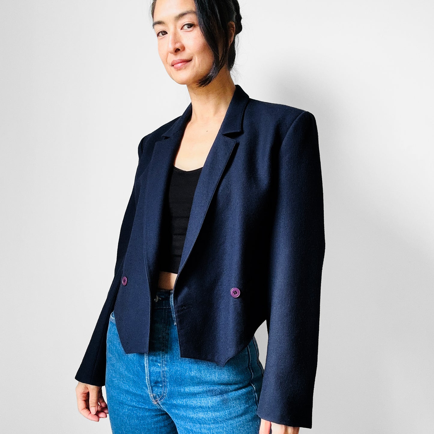 1980s - 1990s Navy Blue Short Waisted Double Breasted Jacket - Sz. Small