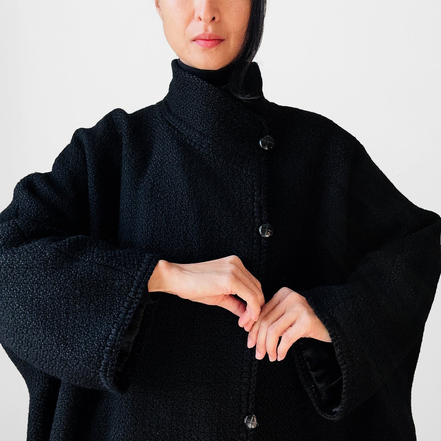 1980s Black Wool Full Length Wrap Shawl Coat