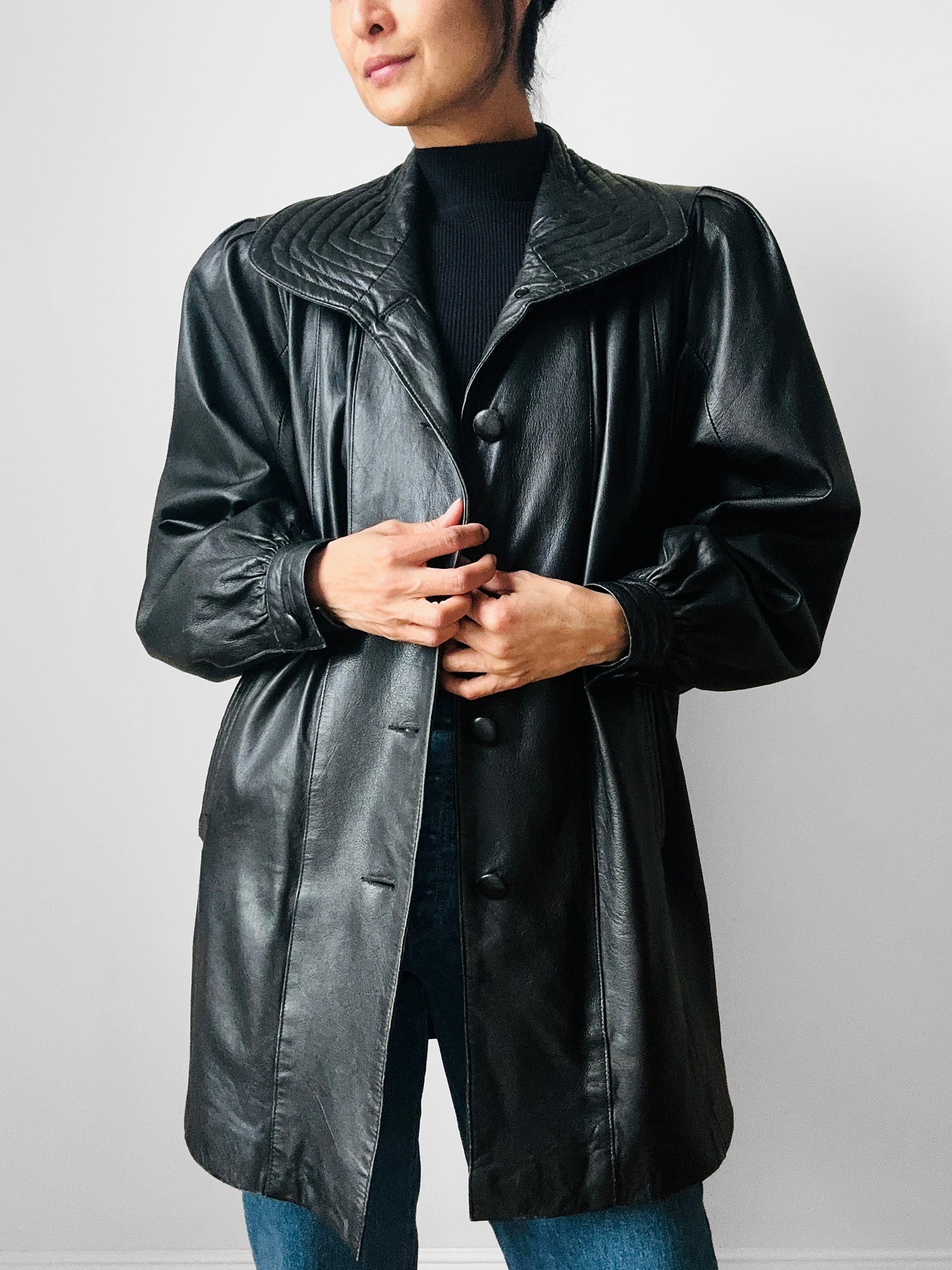 1980s Black Buttery Soft Exaggerated Collared Italian Leather Jacket - Sz. S/M