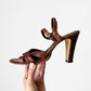 1970s Dark Tobacco Brown Leather Wood-Heeled Sandals - Sz.7B