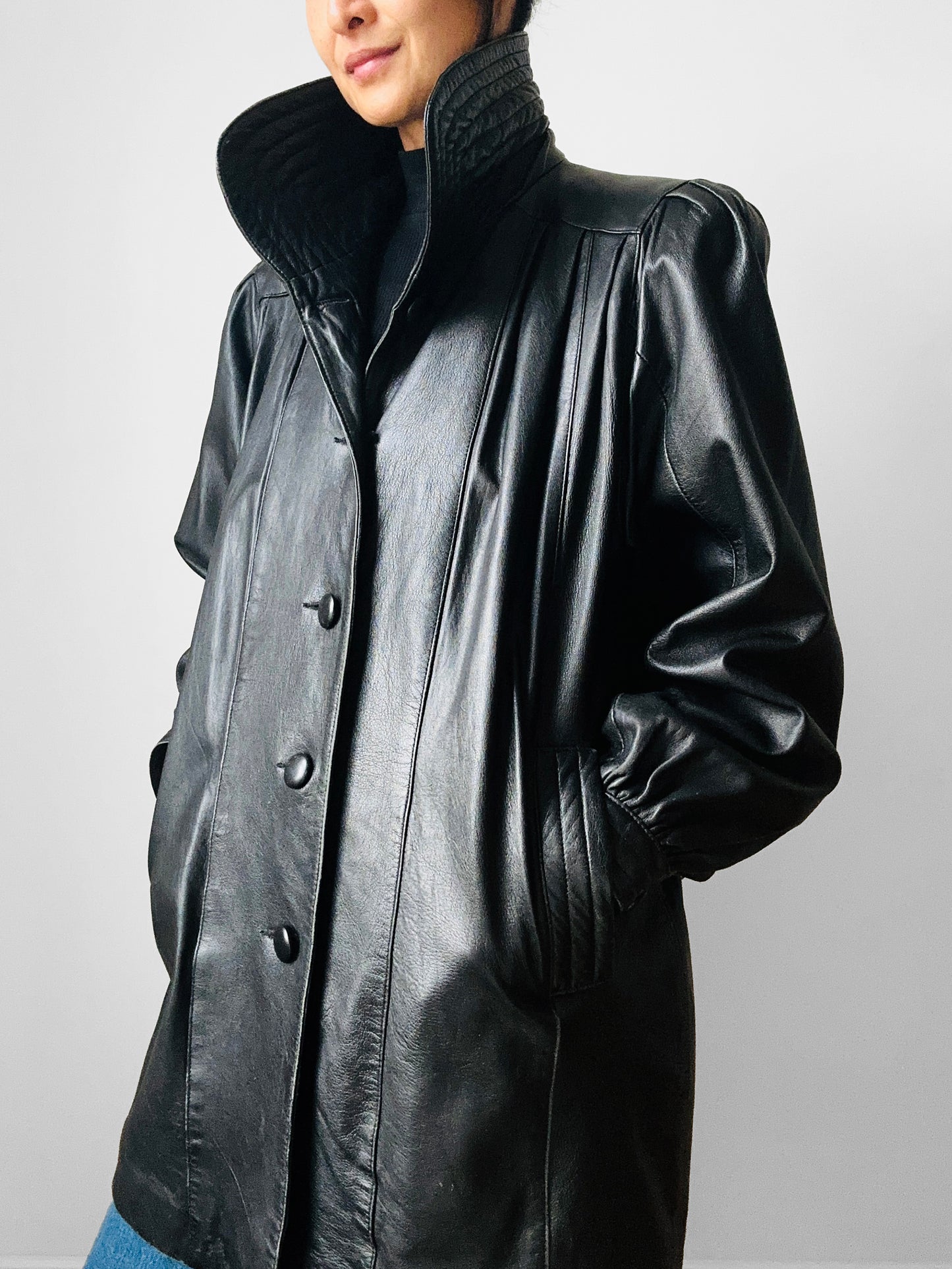 1980s Black Buttery Soft Exaggerated Collared Italian Leather Jacket - Sz. S/M