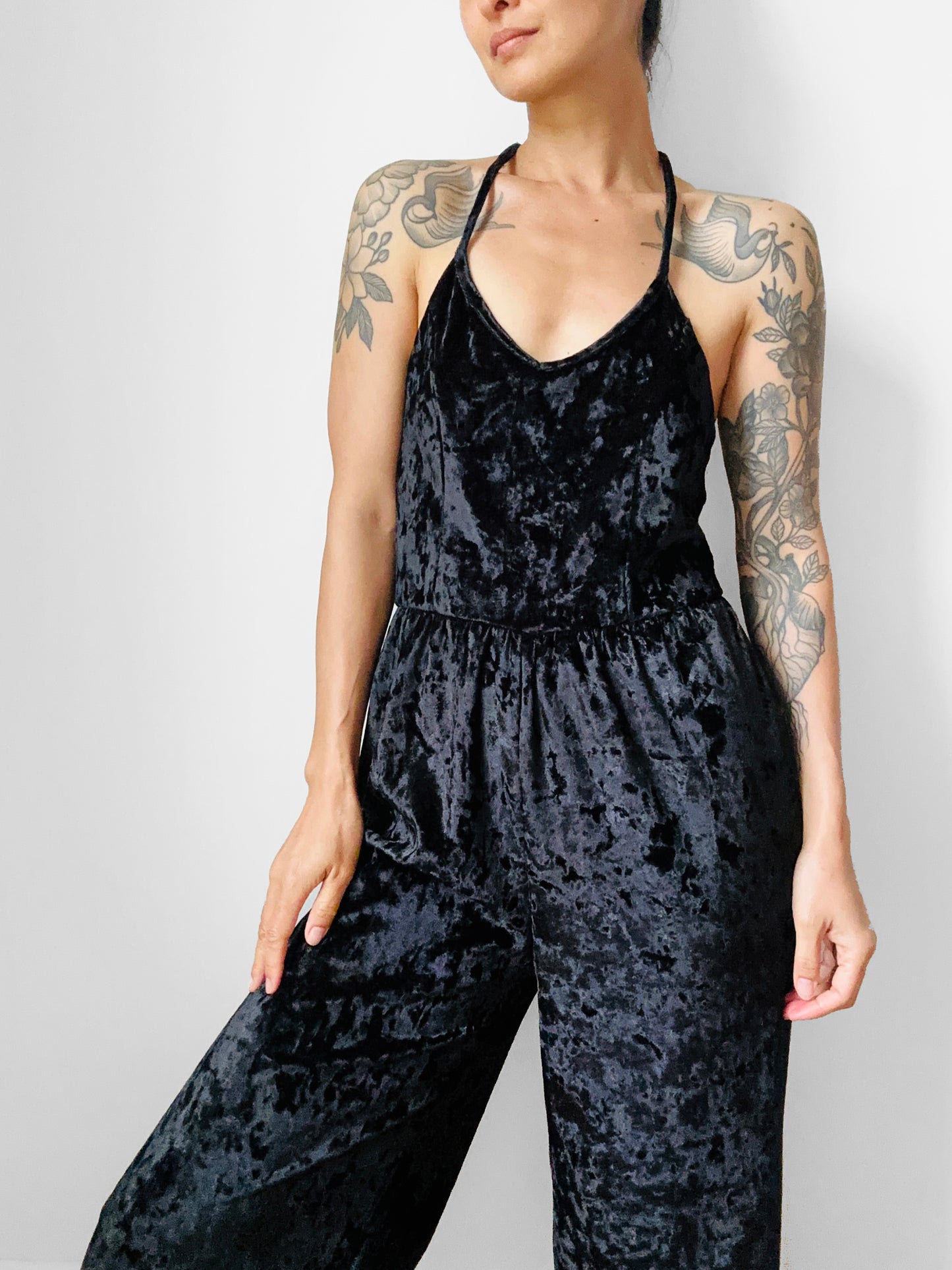 1990s Black Velour Made in the USA Culotte Jumpsuit