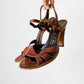 1970s Dark Tobacco Brown Leather Wood-Heeled Sandals - Sz.7B