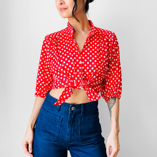 1970s Red and White Polka Dot Blouse - Sz. S