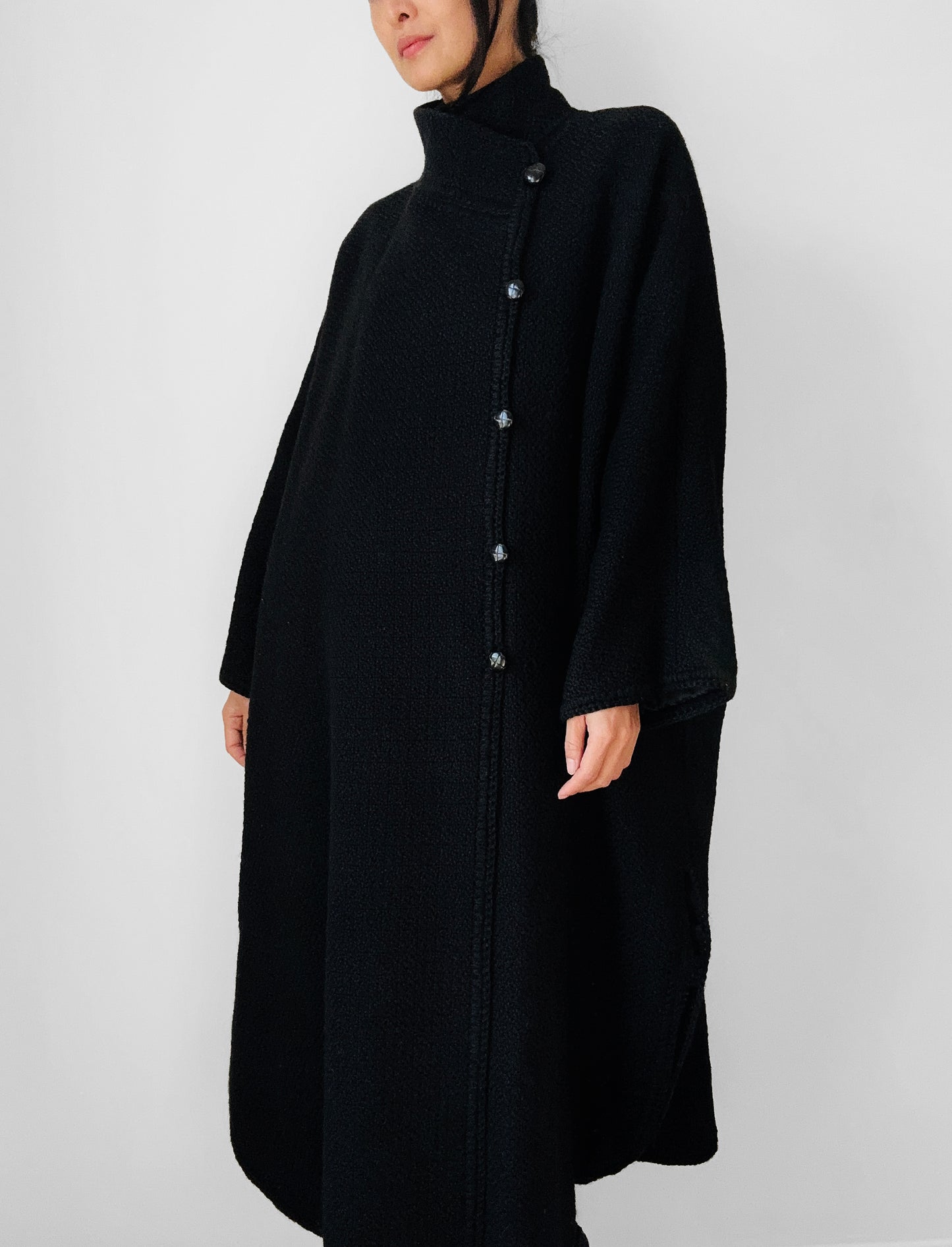 1980s Black Wool Full Length Wrap Shawl Coat