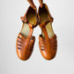 1970s Structured Tobacco Brown Leather Rubber Soled T-Strap Mary Jane Sandals Shoes - Sz. 7