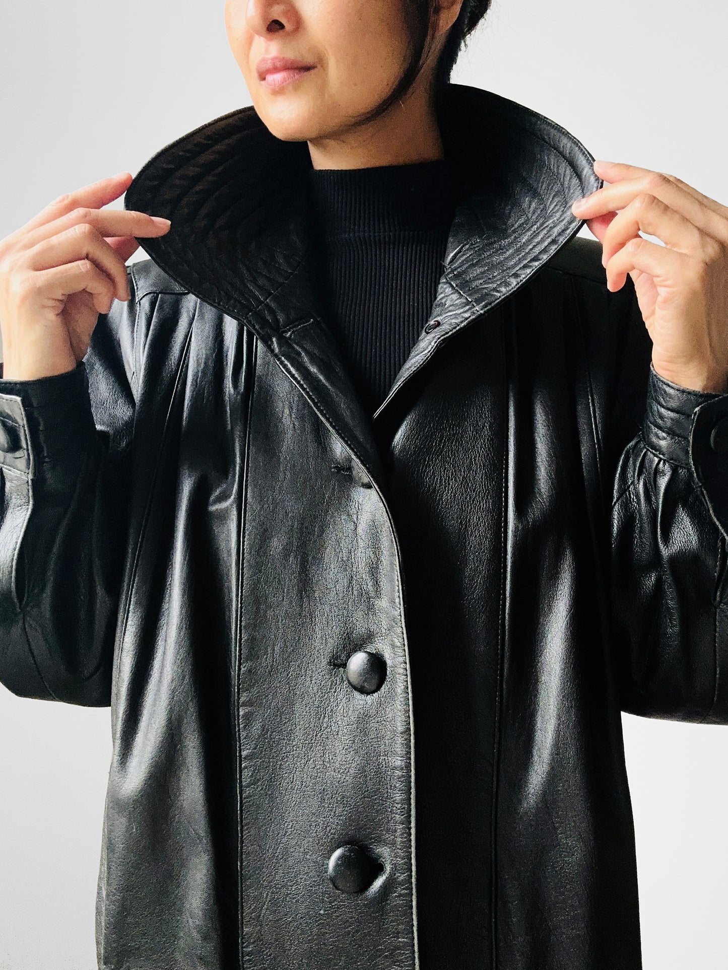 1980s Black Buttery Soft Exaggerated Collared Italian Leather Jacket - Sz. S/M