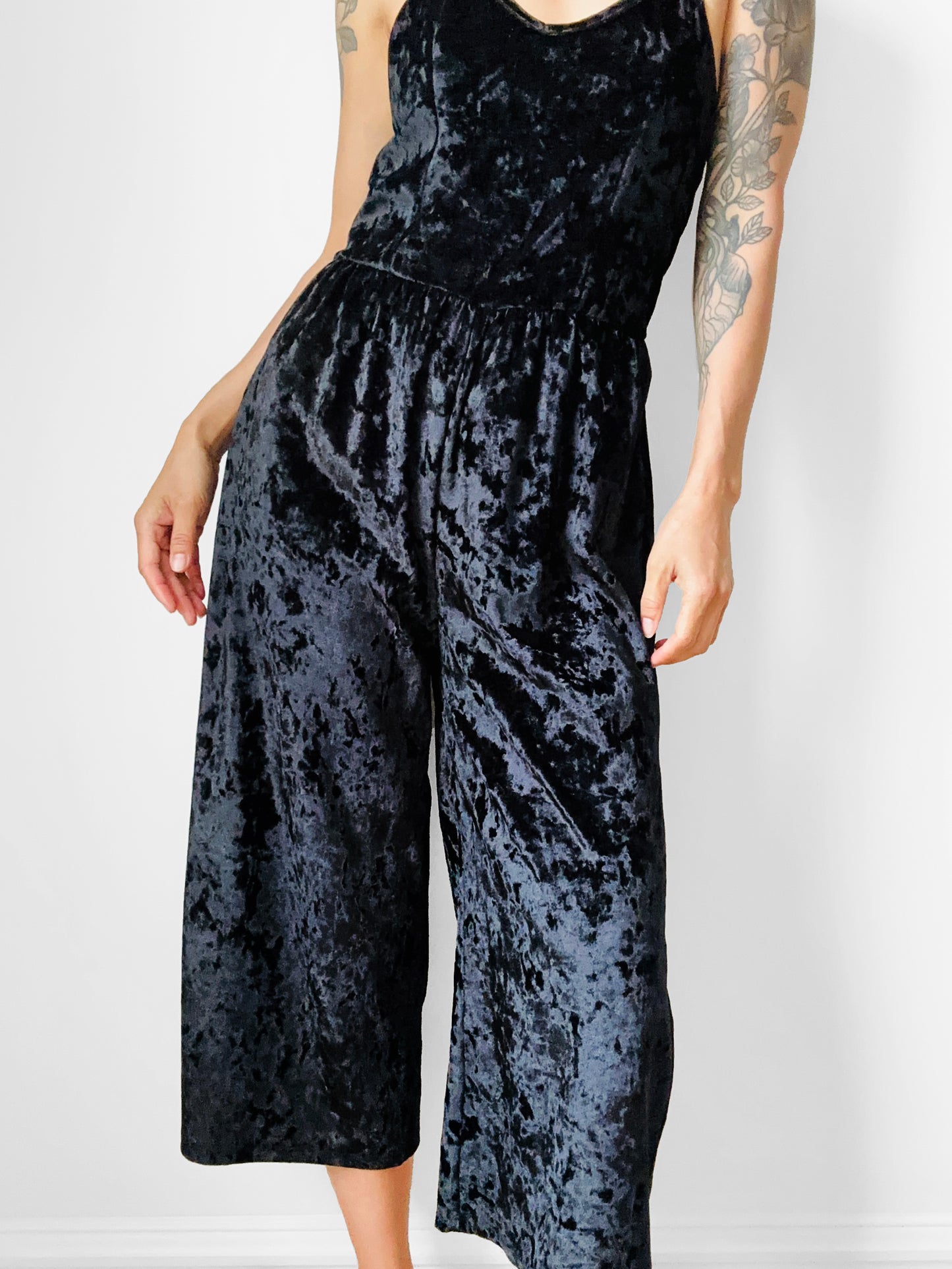 1990s Black Velour Made in the USA Culotte Jumpsuit