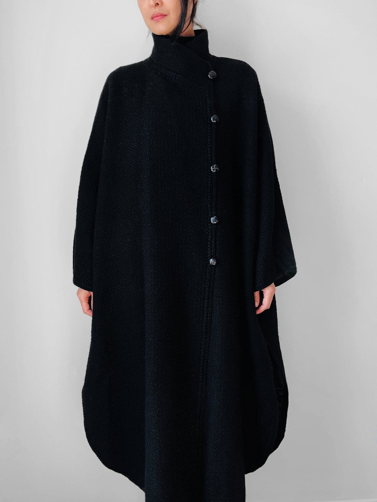 1980s Black Wool Full Length Wrap Shawl Coat