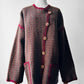 1970s - 1980s Hand-Knit Hand-Mended Wood Button Asymmetrical Cardigan with Maroon Trim - Sz. O/S