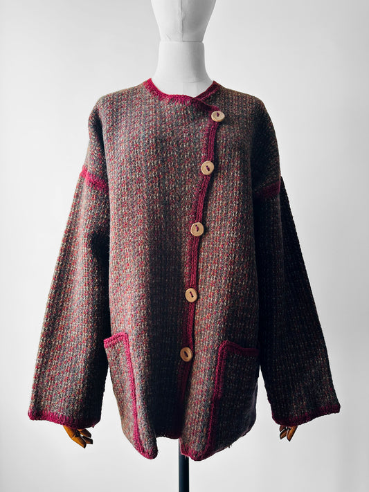 1970s - 1980s Hand-Knit Hand-Mended Wood Button Asymmetrical Cardigan with Maroon Trim - Sz. O/S