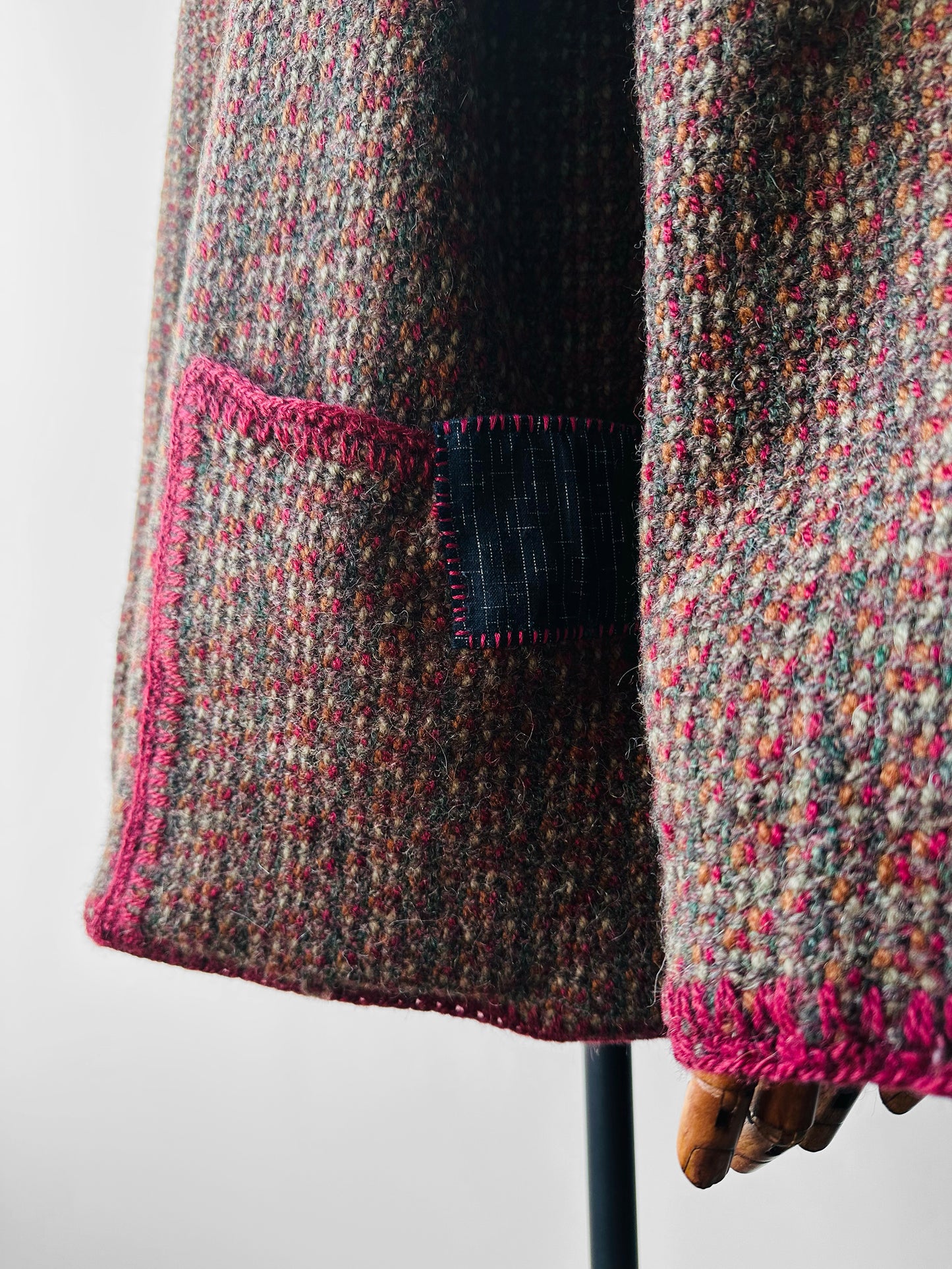 1970s - 1980s Hand-Knit Hand-Mended Wood Button Asymmetrical Cardigan with Maroon Trim - Sz. O/S