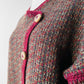 1970s - 1980s Hand-Knit Hand-Mended Wood Button Asymmetrical Cardigan with Maroon Trim - Sz. O/S