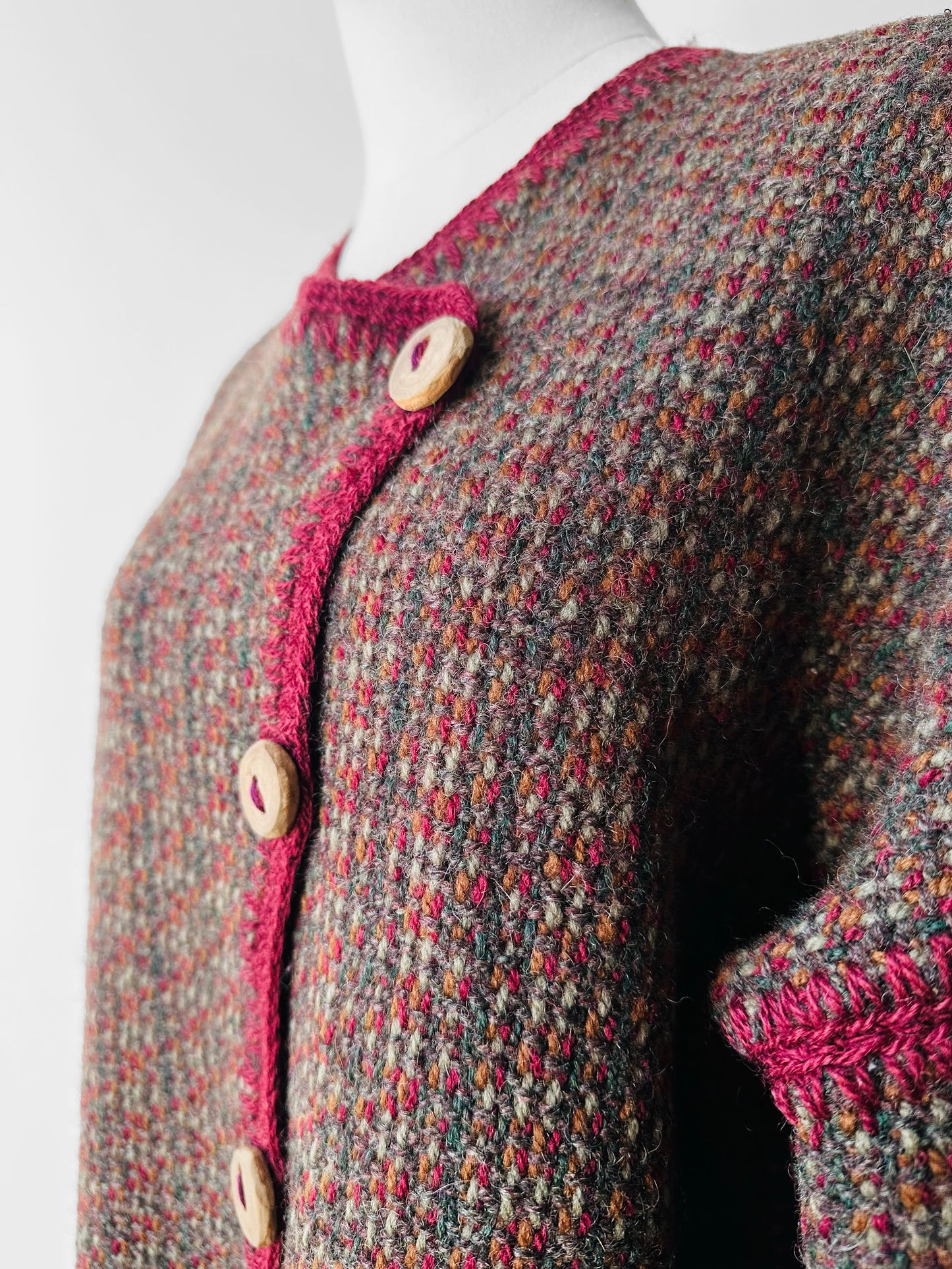 1970s - 1980s Hand-Knit Hand-Mended Wood Button Asymmetrical Cardigan with Maroon Trim - Sz. O/S