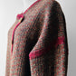 1970s - 1980s Hand-Knit Hand-Mended Wood Button Asymmetrical Cardigan with Maroon Trim - Sz. O/S