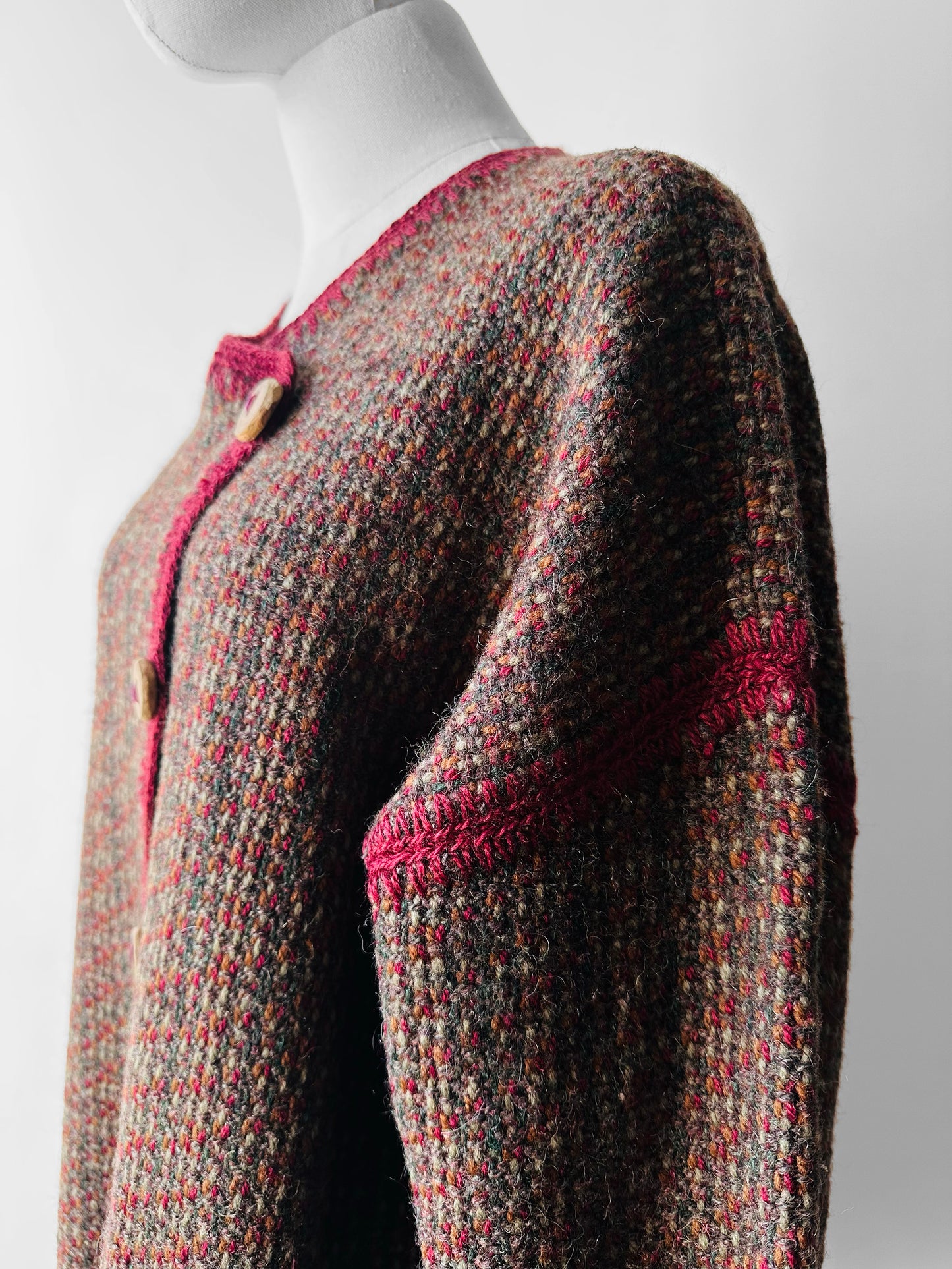 1970s - 1980s Hand-Knit Hand-Mended Wood Button Asymmetrical Cardigan with Maroon Trim - Sz. O/S