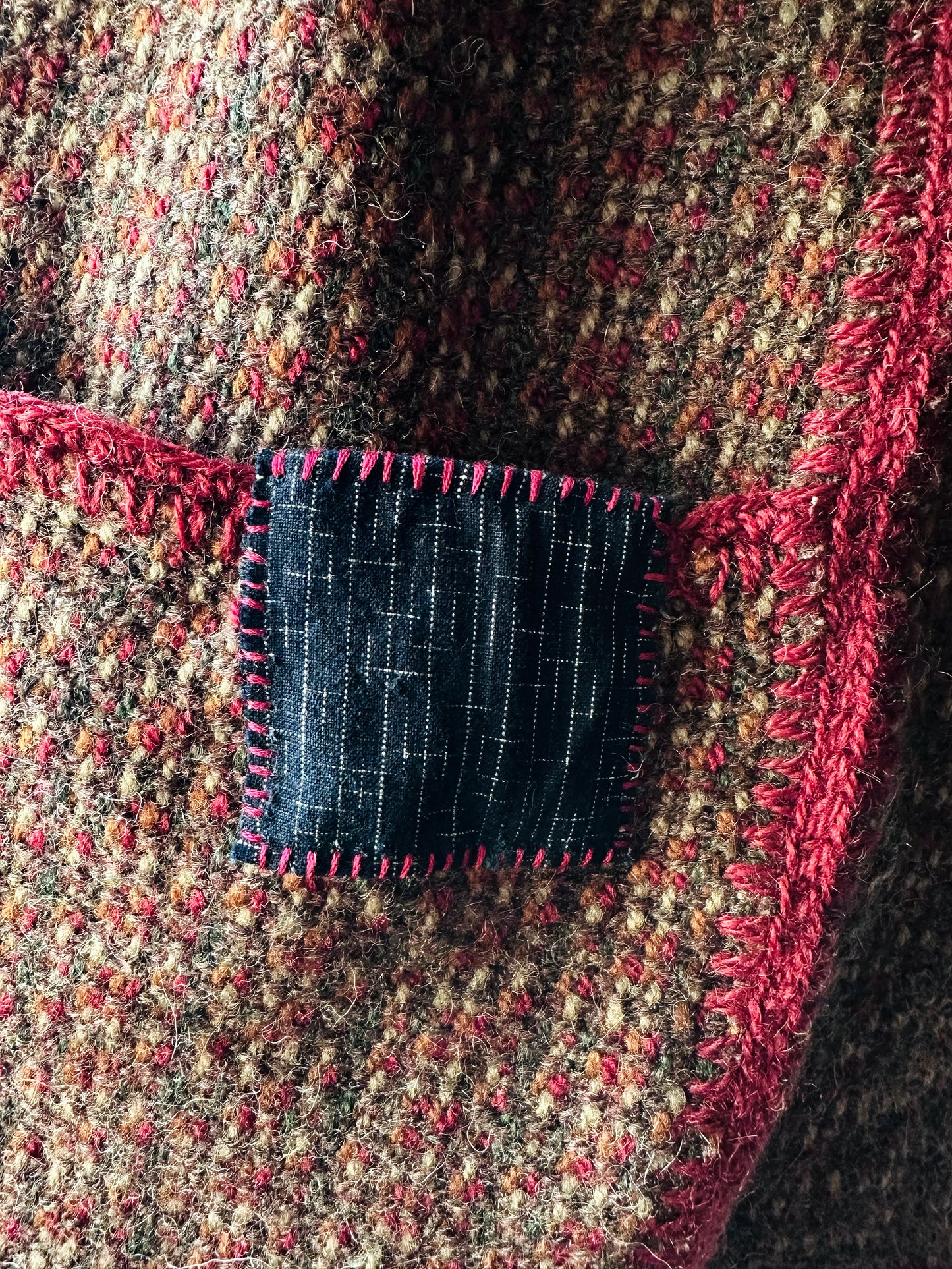 1970s - 1980s Hand-Knit Hand-Mended Wood Button Asymmetrical Cardigan with Maroon Trim - Sz. O/S