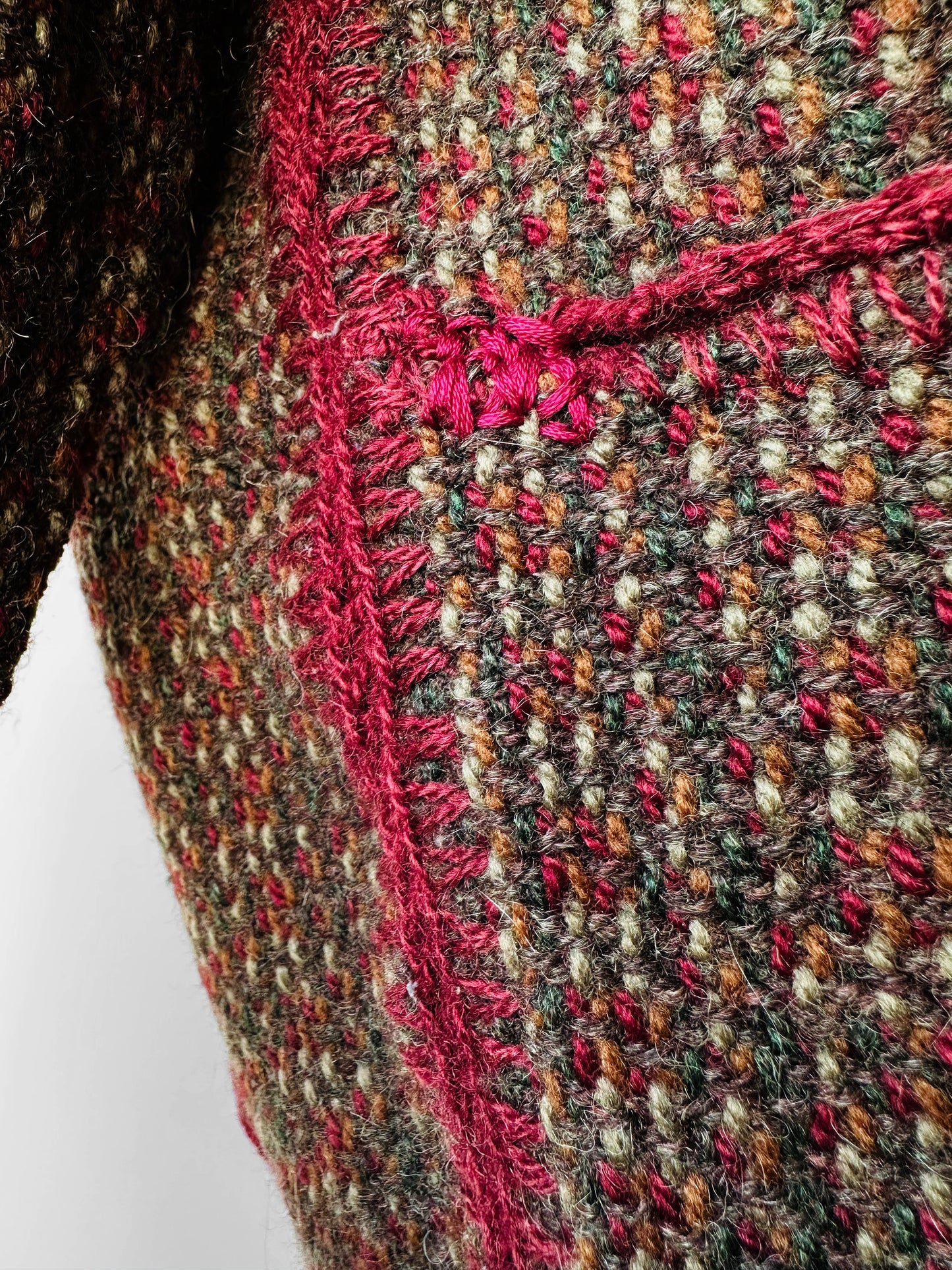 1970s - 1980s Hand-Knit Hand-Mended Wood Button Asymmetrical Cardigan with Maroon Trim - Sz. O/S