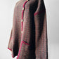 1970s - 1980s Hand-Knit Hand-Mended Wood Button Asymmetrical Cardigan with Maroon Trim - Sz. O/S