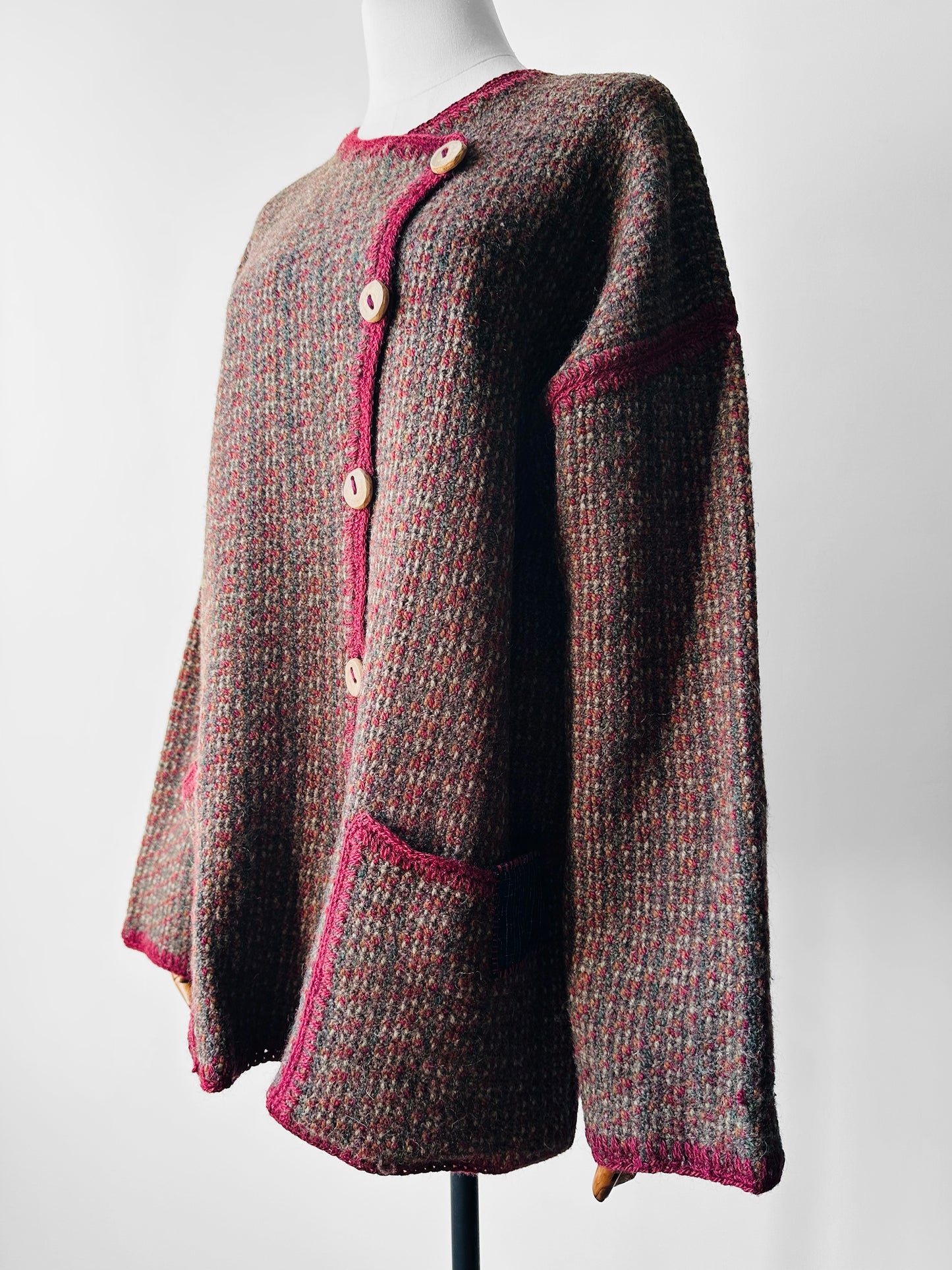 1970s - 1980s Hand-Knit Hand-Mended Wood Button Asymmetrical Cardigan with Maroon Trim - Sz. O/S