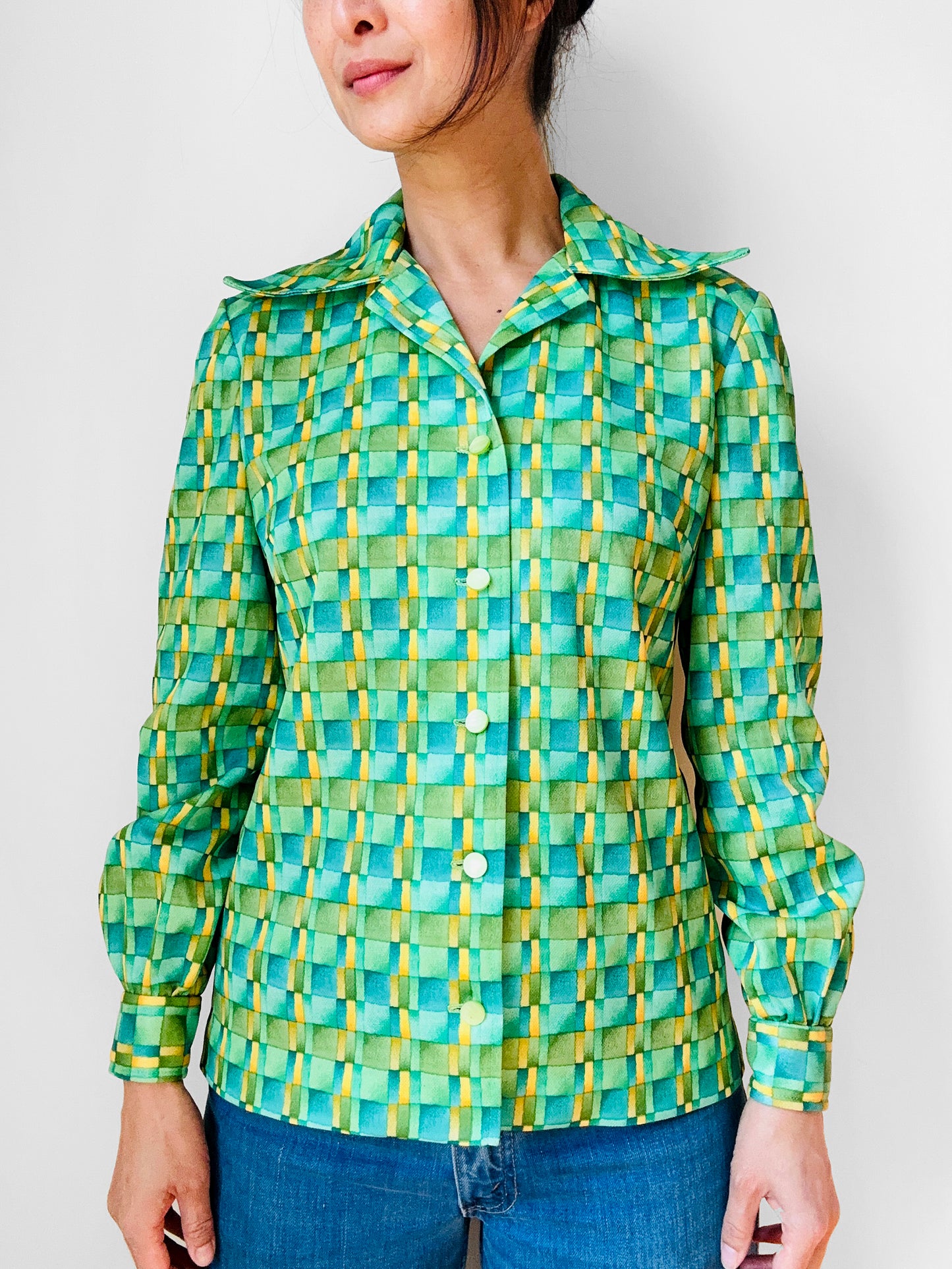 1960s - 1970s Apple Green Window Pane Patterned Button Up Shirt  - Sz. Sm