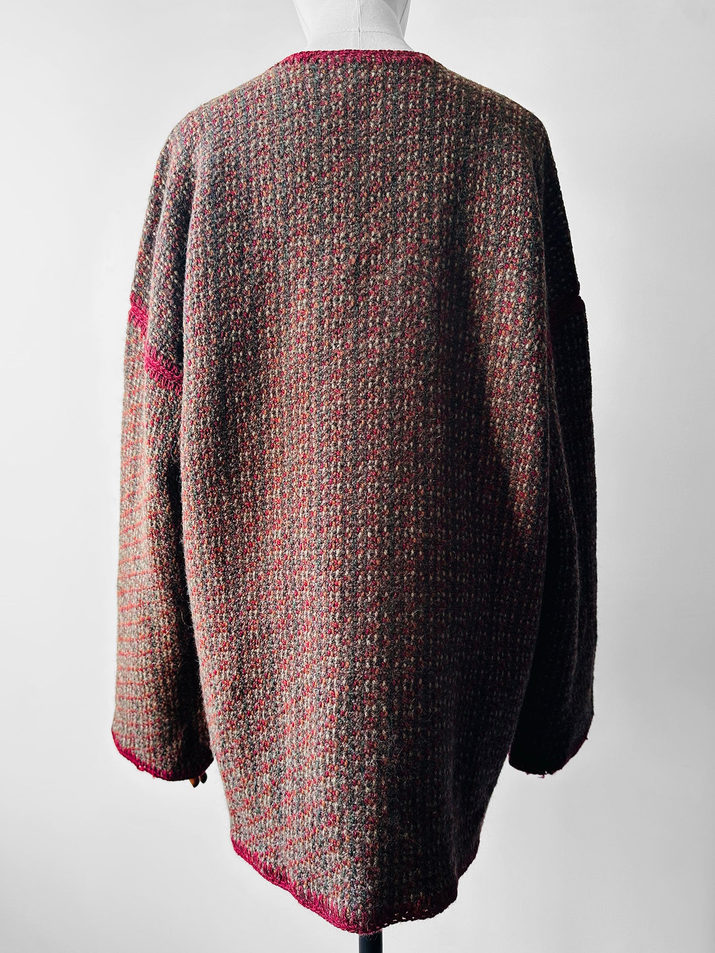 1970s - 1980s Hand-Knit Hand-Mended Wood Button Asymmetrical Cardigan with Maroon Trim - Sz. O/S