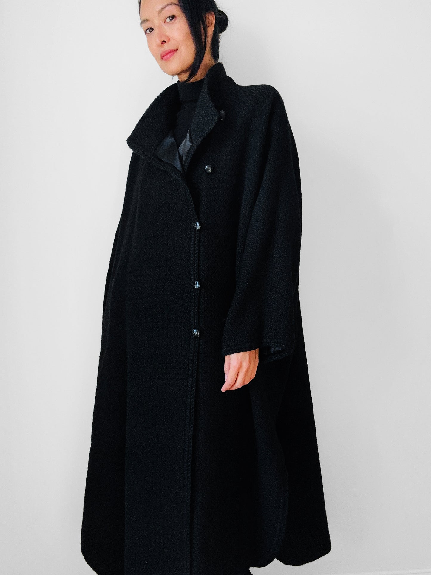 1980s Black Wool Full Length Wrap Shawl Coat