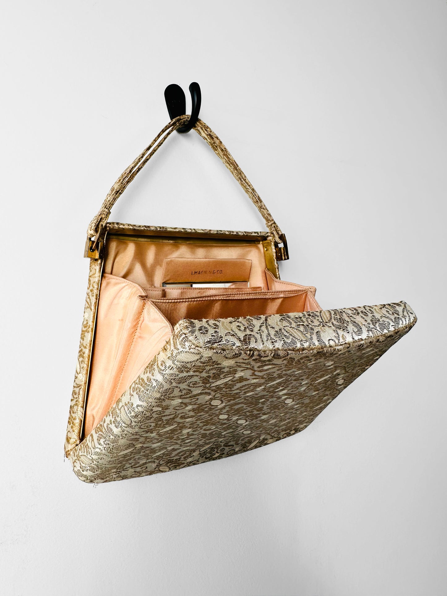 1950s - 1960s L. Magnin & Co. Floral Brocade Floral Blush Interior Evening Bag with Mirror and Coin Purse