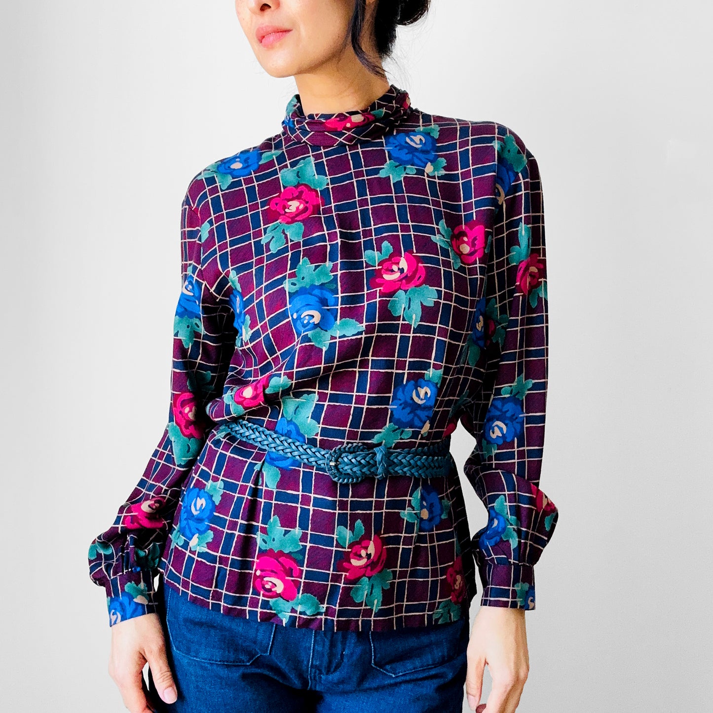 1980s Floral PENDLETON High Neck Tapered Waist Blouse -  Sz. S/M