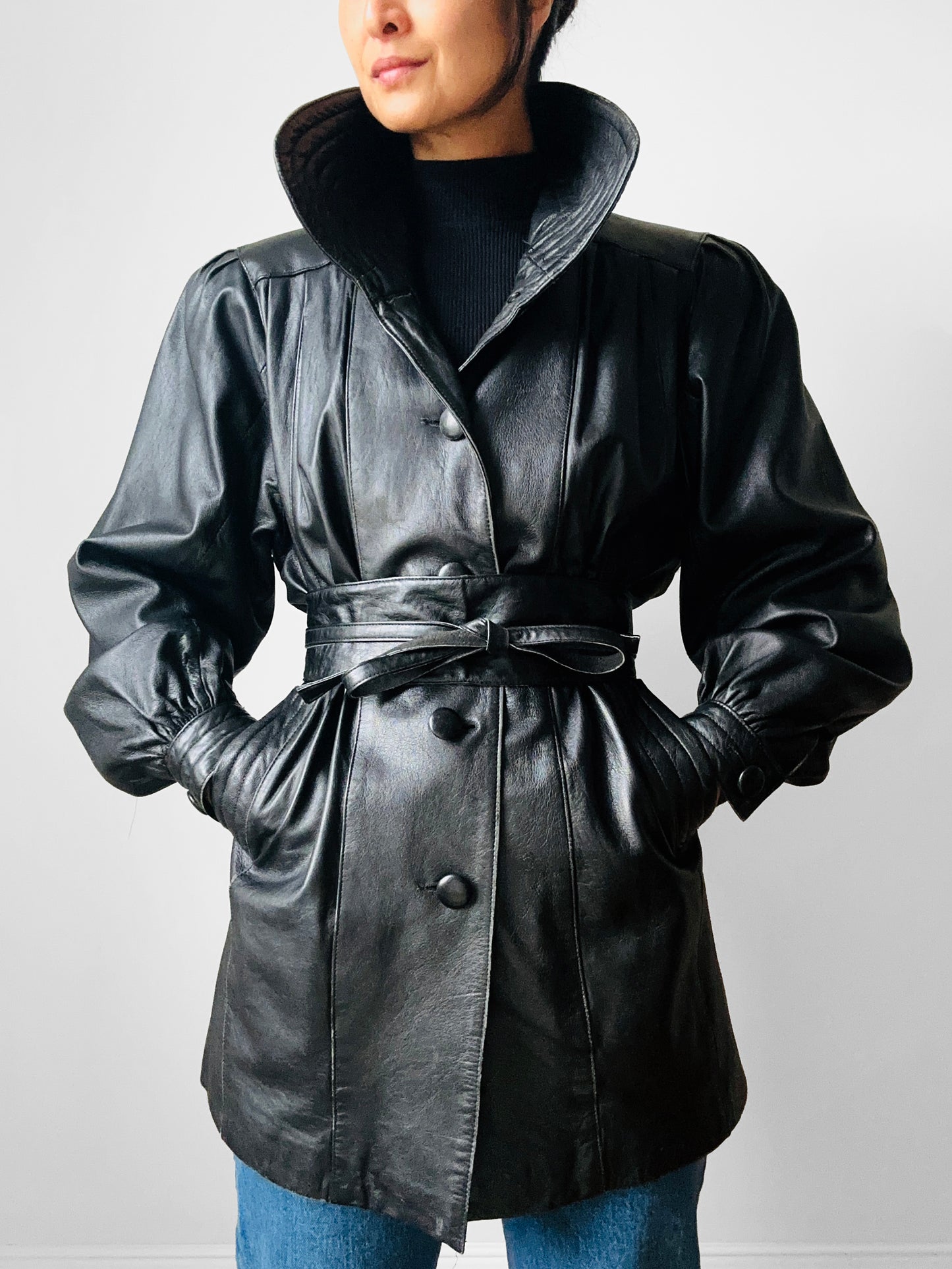 1980s Black Buttery Soft Exaggerated Collared Italian Leather Jacket - Sz. S/M