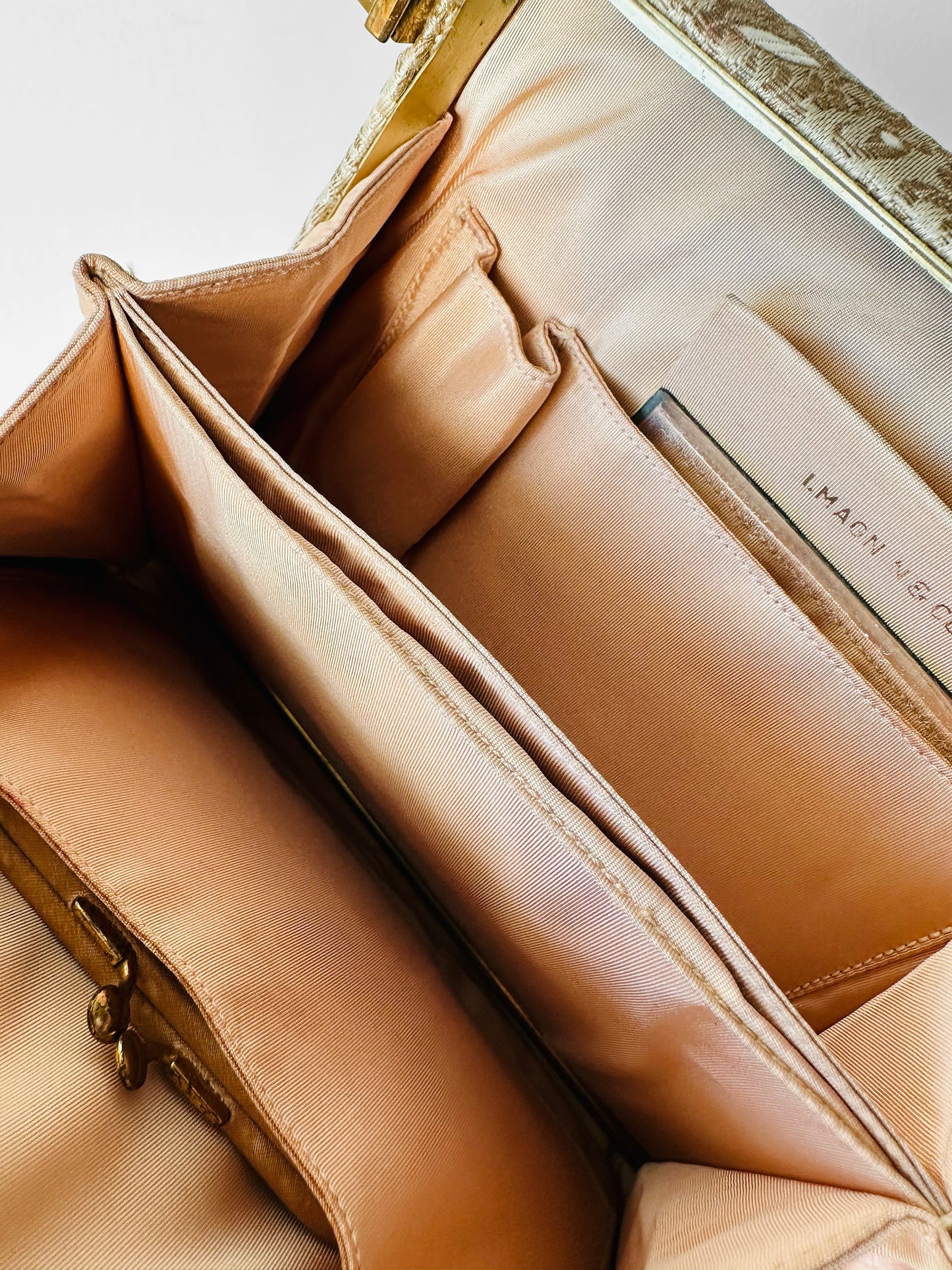 1950s - 1960s L. Magnin & Co. Floral Brocade Floral Blush Interior Evening Bag with Mirror and Coin Purse