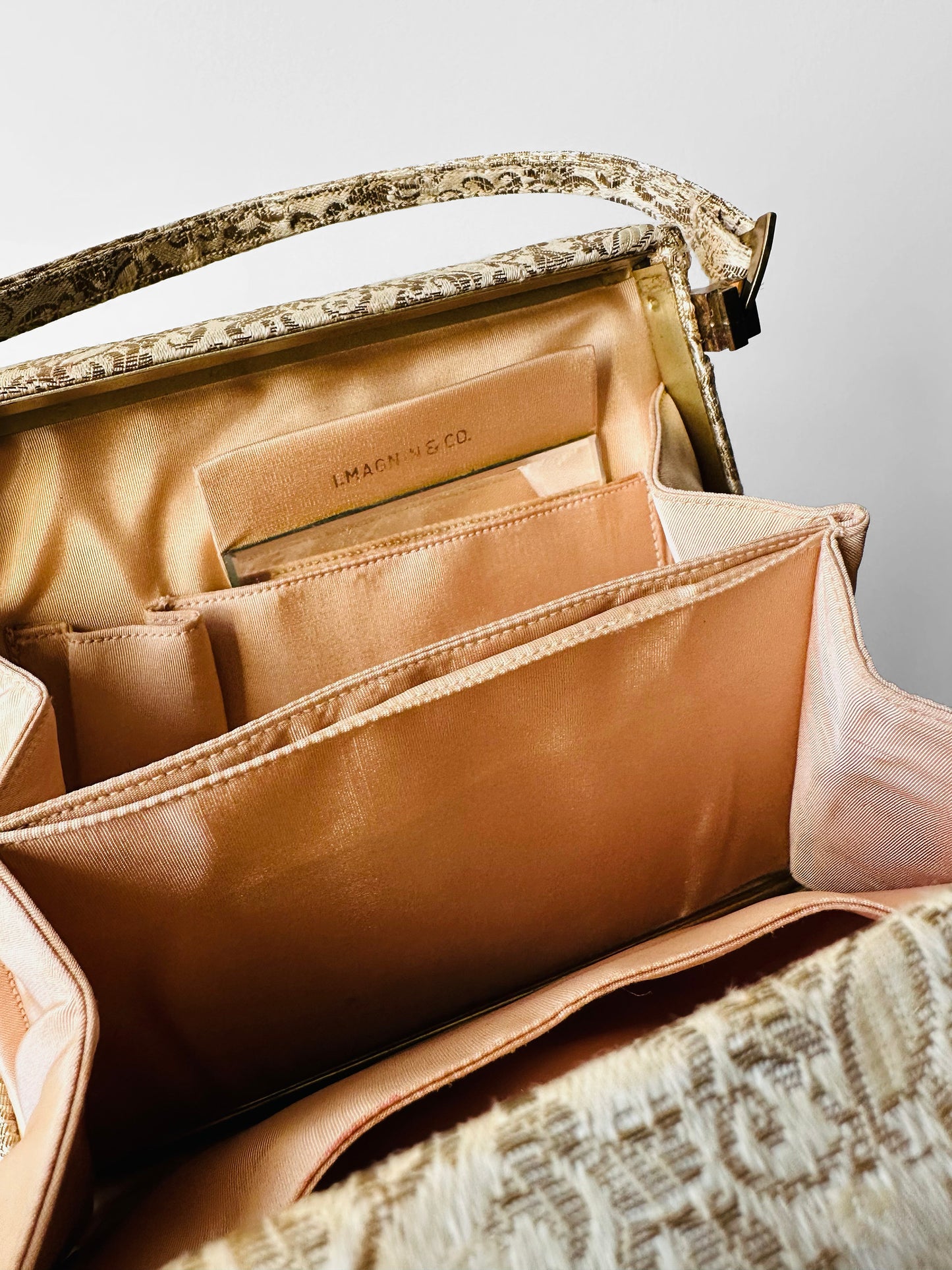 1950s - 1960s L. Magnin & Co. Floral Brocade Floral Blush Interior Evening Bag with Mirror and Coin Purse