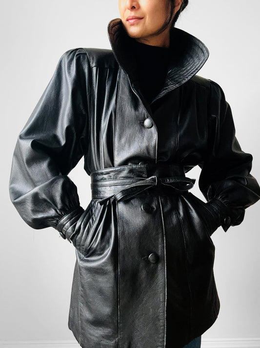1980s Black Buttery Soft Exaggerated Collared Italian Leather Jacket - Sz. S/M