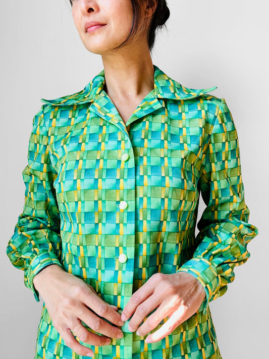 1960s - 1970s Apple Green Window Pane Patterned Button Up Shirt  - Sz. Sm