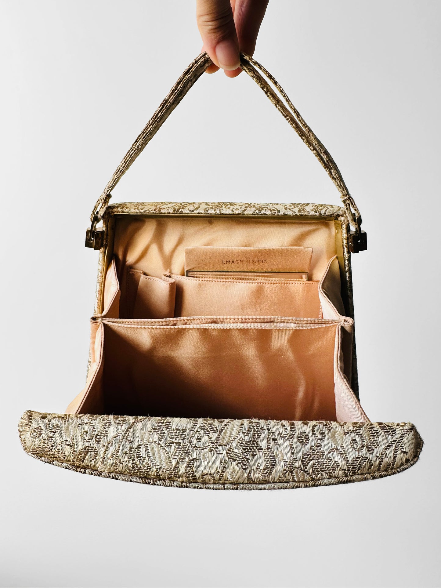 1950s - 1960s L. Magnin & Co. Floral Brocade Floral Blush Interior Evening Bag with Mirror and Coin Purse